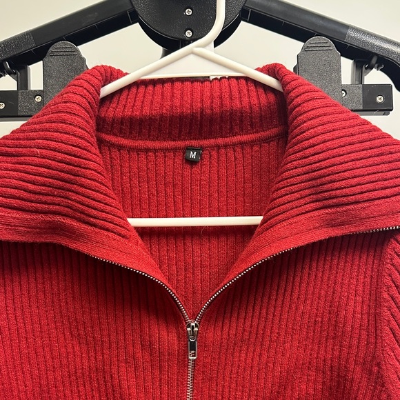 Red Ribbed Zip-Up Sweater - Picture 2 of 3